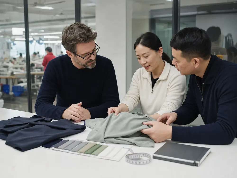 Apparel development team discussing a buyer project with garment samples