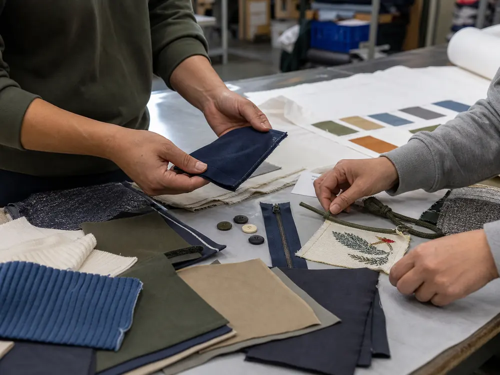 Fabric swatches, trims and customization samples reviewed for custom apparel manufacturing