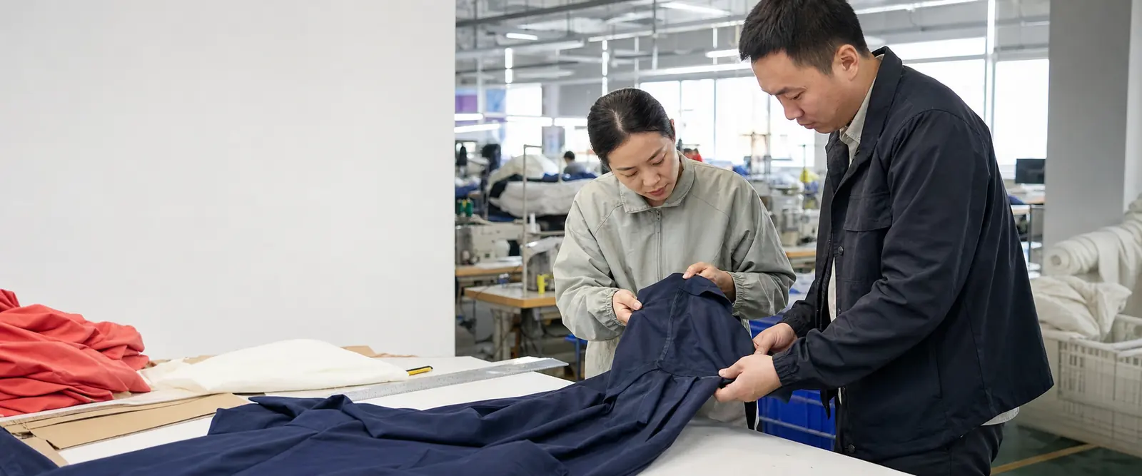 Quality specialist reviewing an apparel sample in a bright garment factory