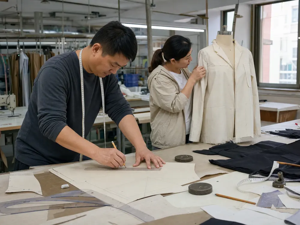 Pattern maker and sewing technician develop an OEM clothing sample from paper patterns