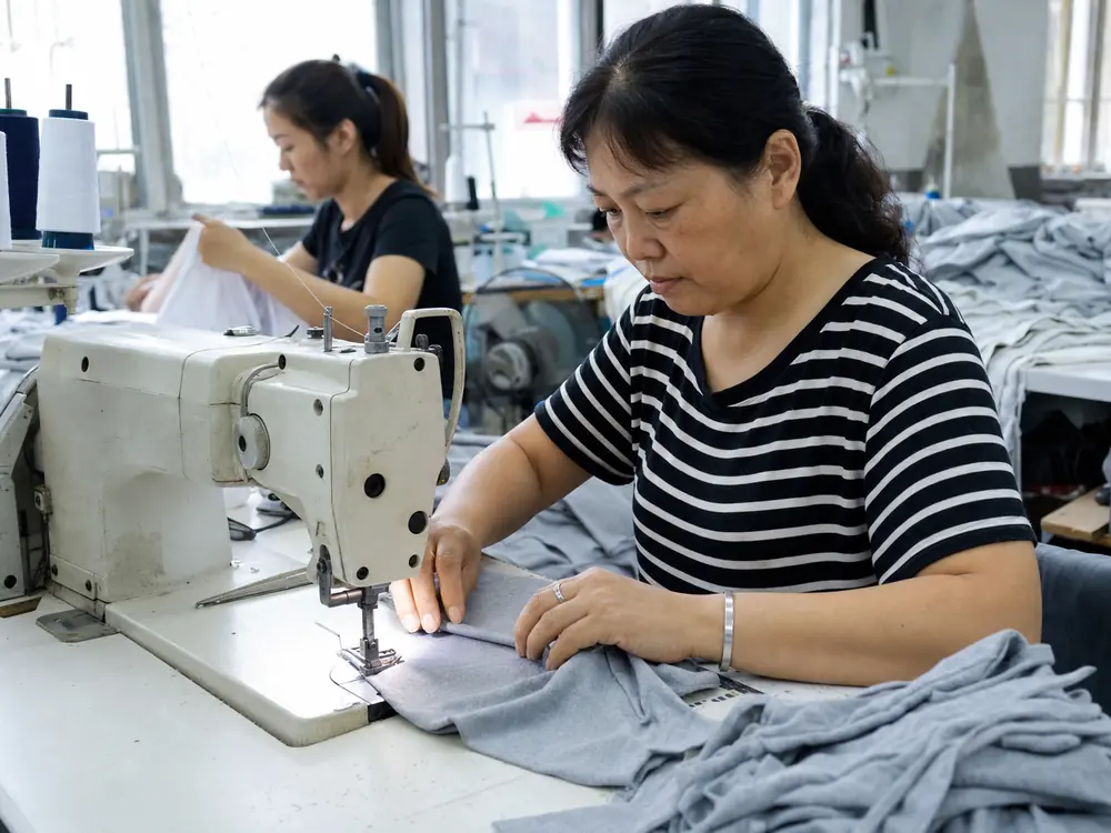 Sample maker sews a custom garment during apparel sample development