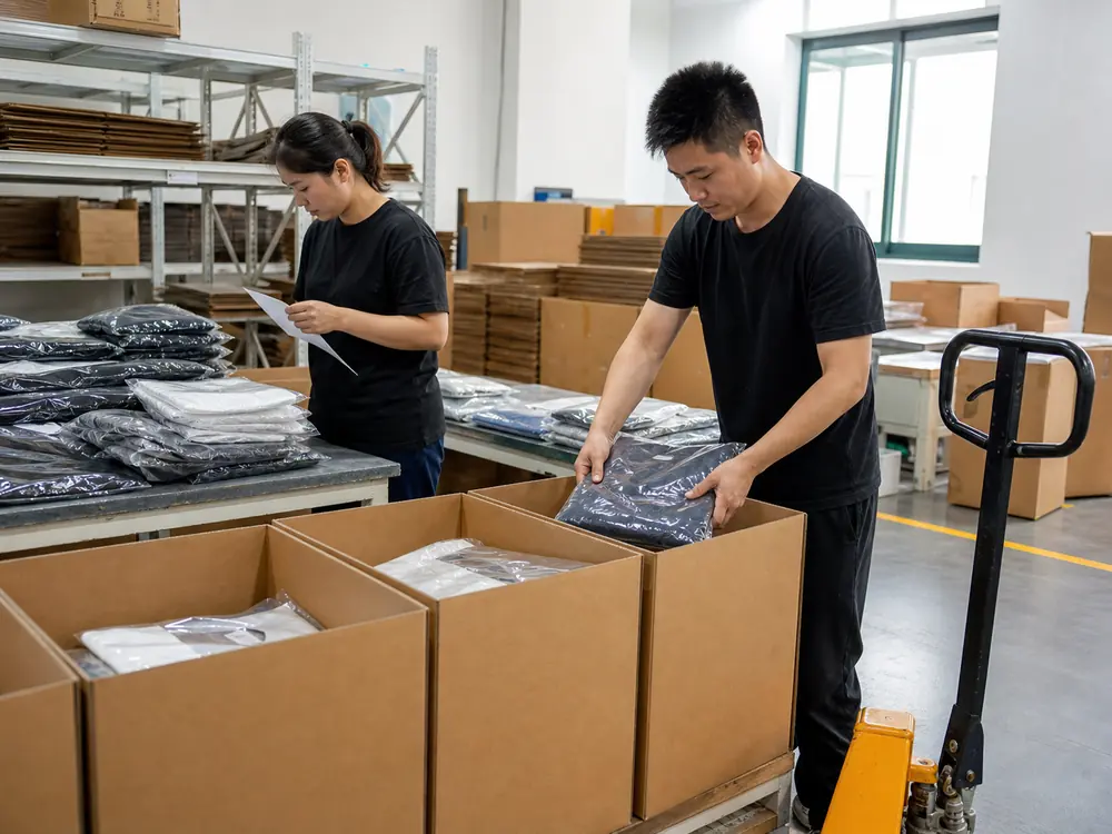Garment factory staff pack finished apparel into cartons for international shipping