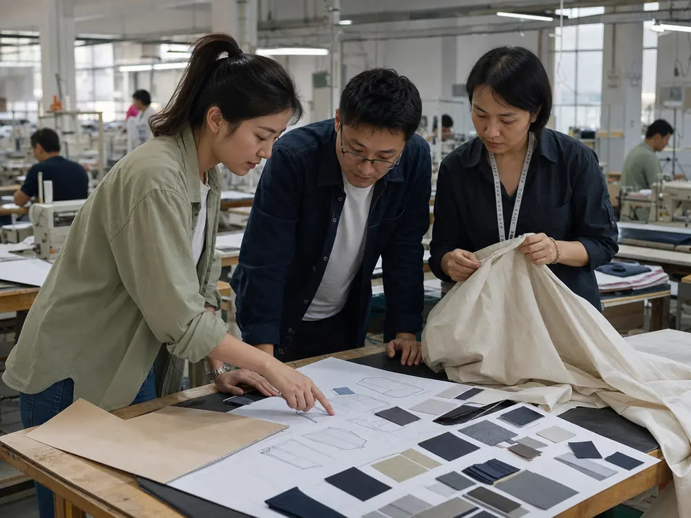 Clothing brand founder and garment team review a tech pack, fabric swatches and sample garment