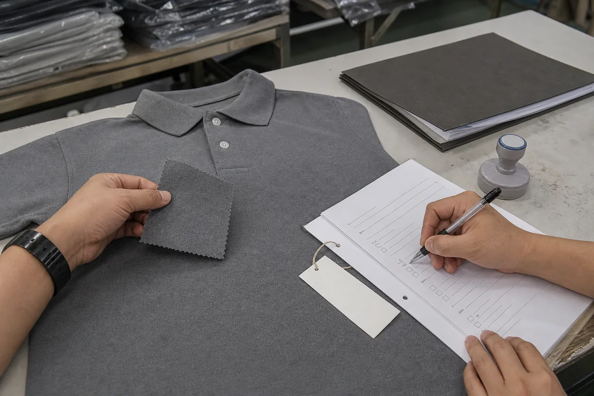 Garment sample fabric swatch and written production approval record