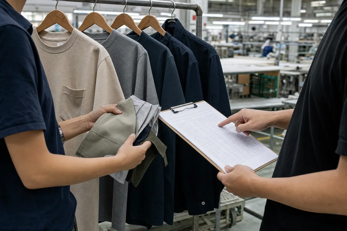 Garment samples and production plan reviewed for quantity and approval timing
