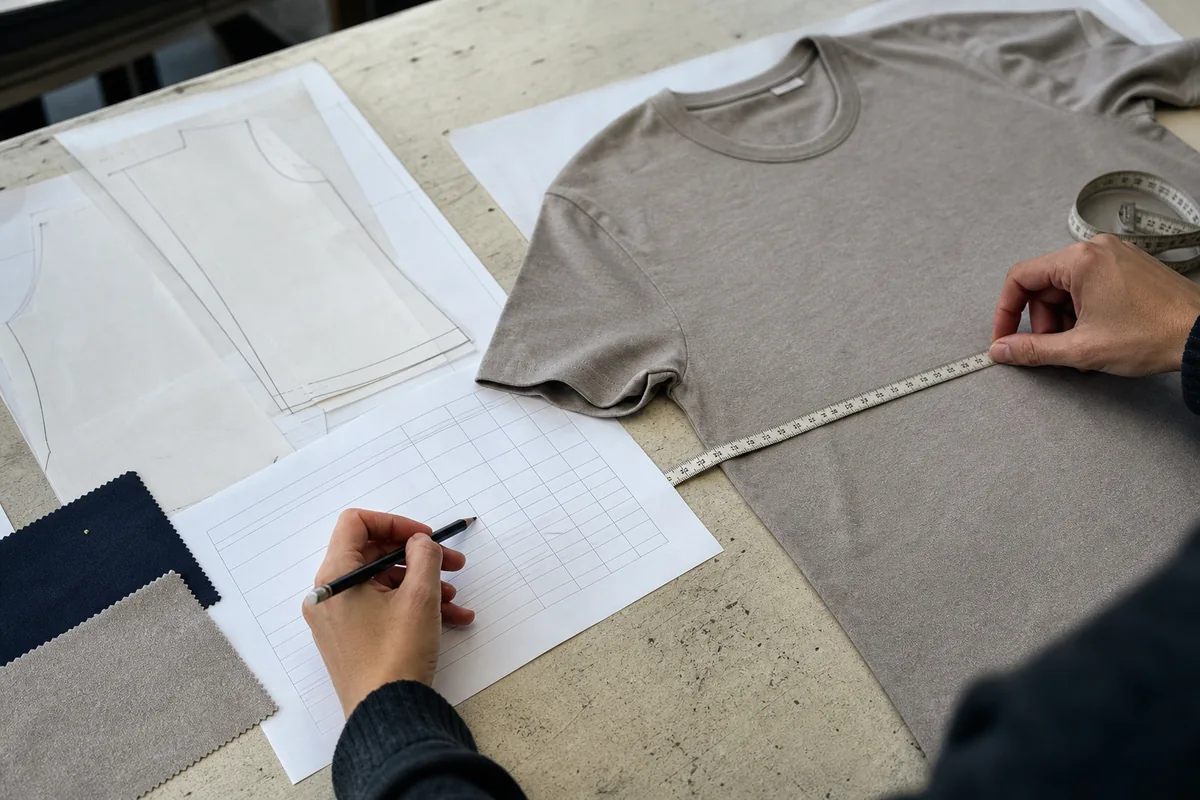Technical designer checking a garment sample against written specifications