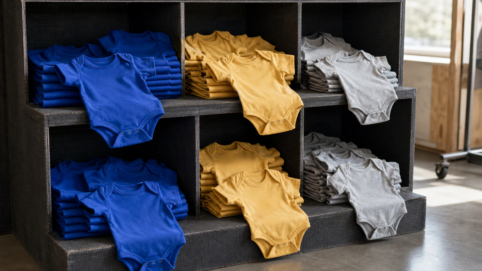 Grouped baby bodysuits in different colors on a garment display shelf