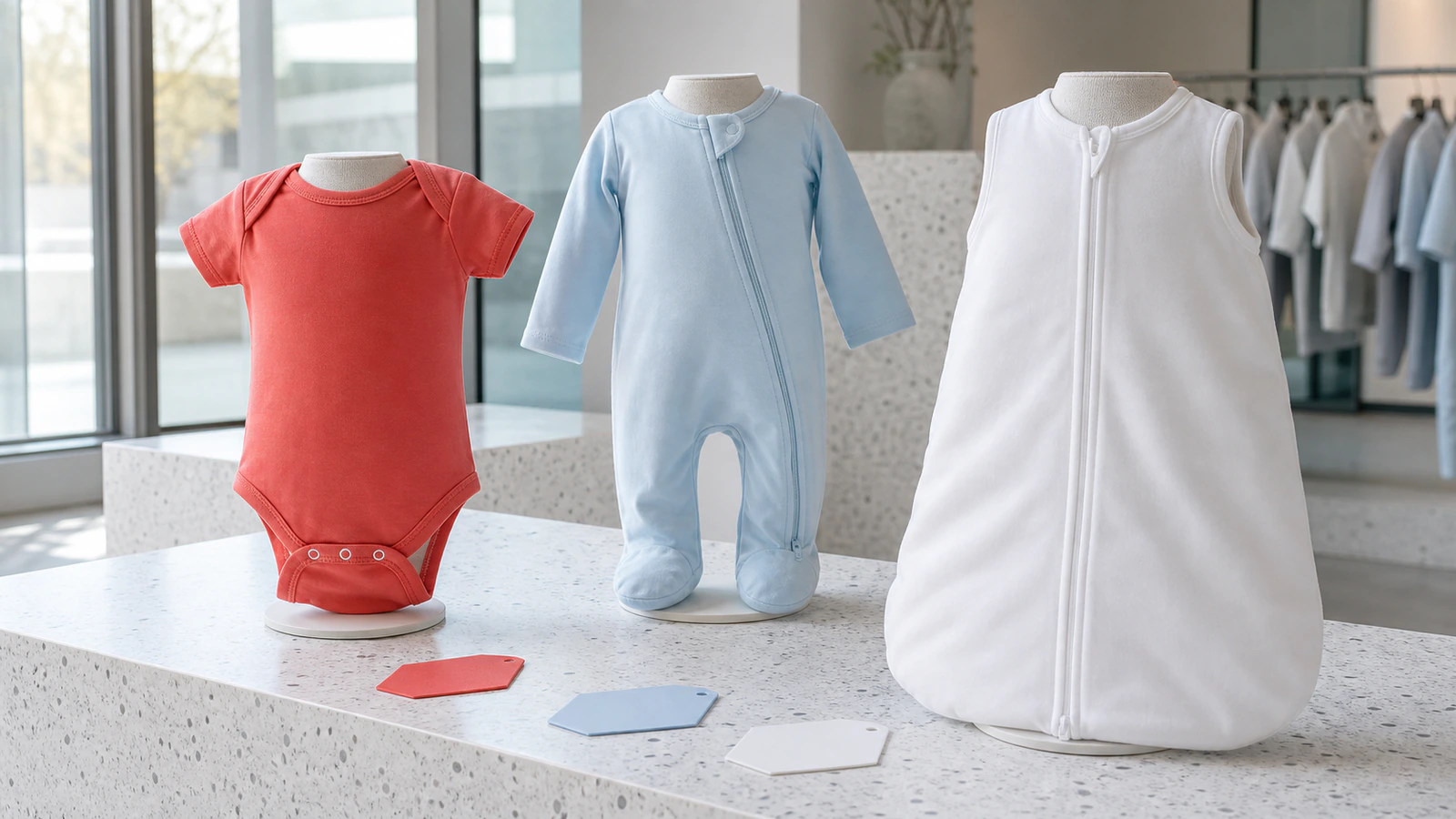 Baby daywear sleeper and sleep sack arranged for product classification