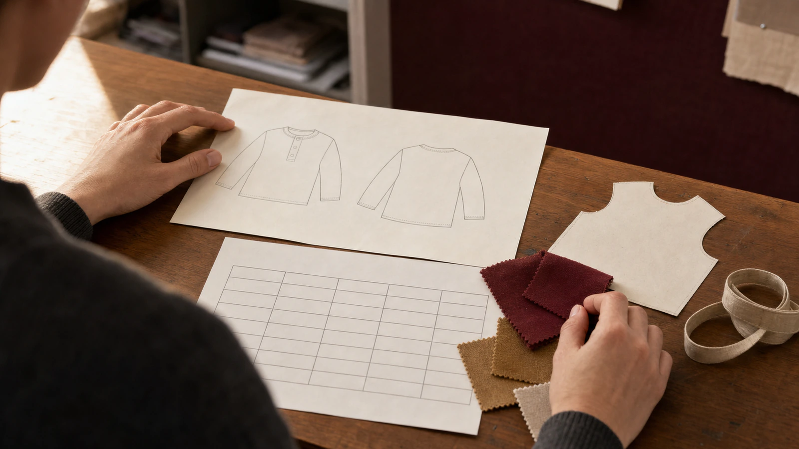 Designer reviewing babywear tech pack pages fabric swatches and pattern pieces