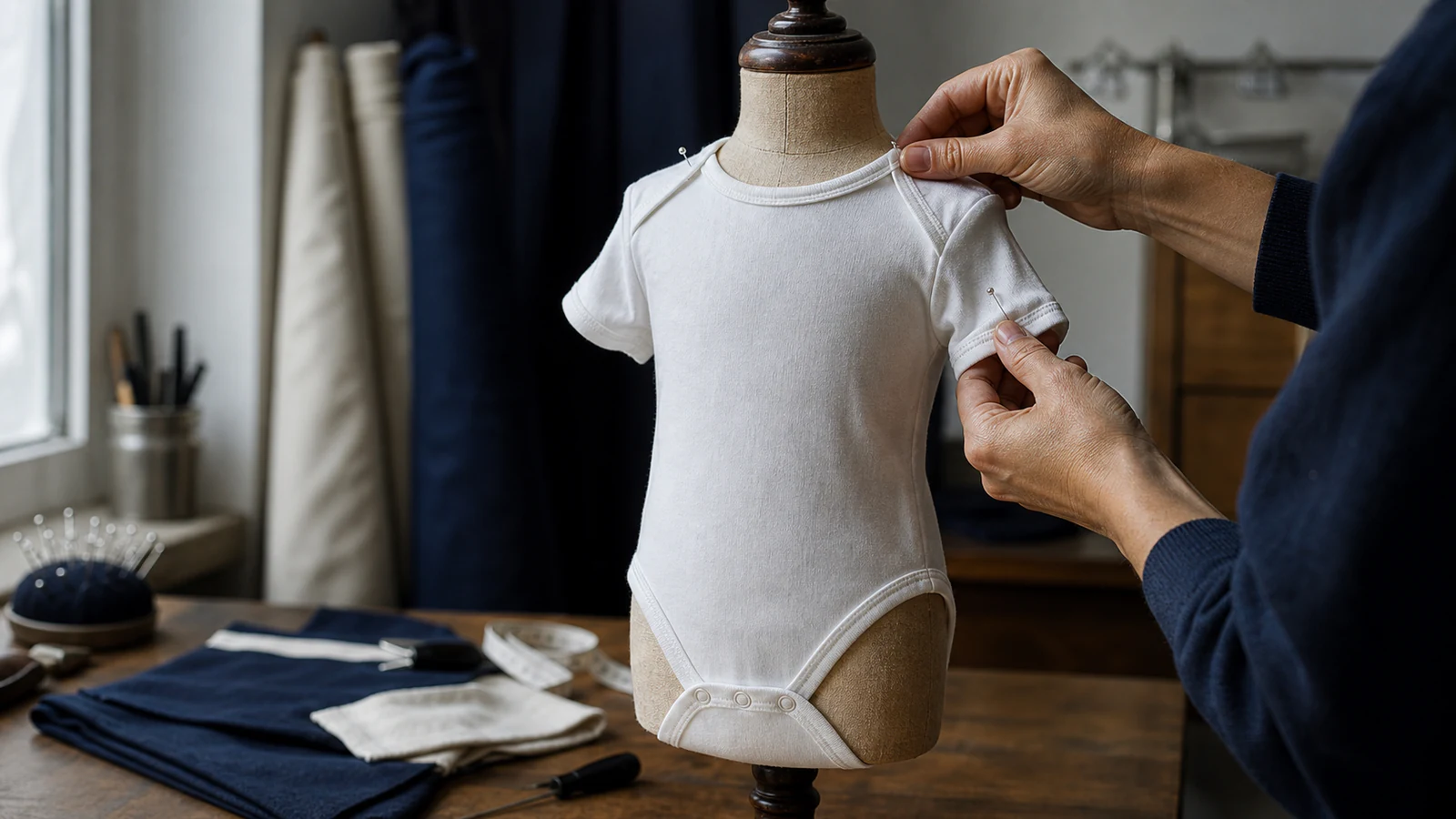 Baby bodysuit sample adjusted on a small garment form