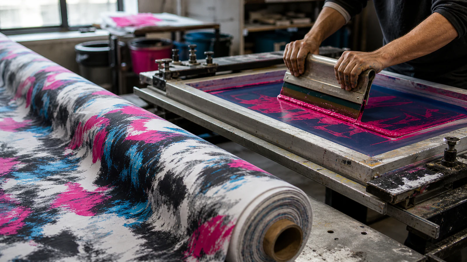 Digital printed fabric and screen printing tools in an apparel print studio