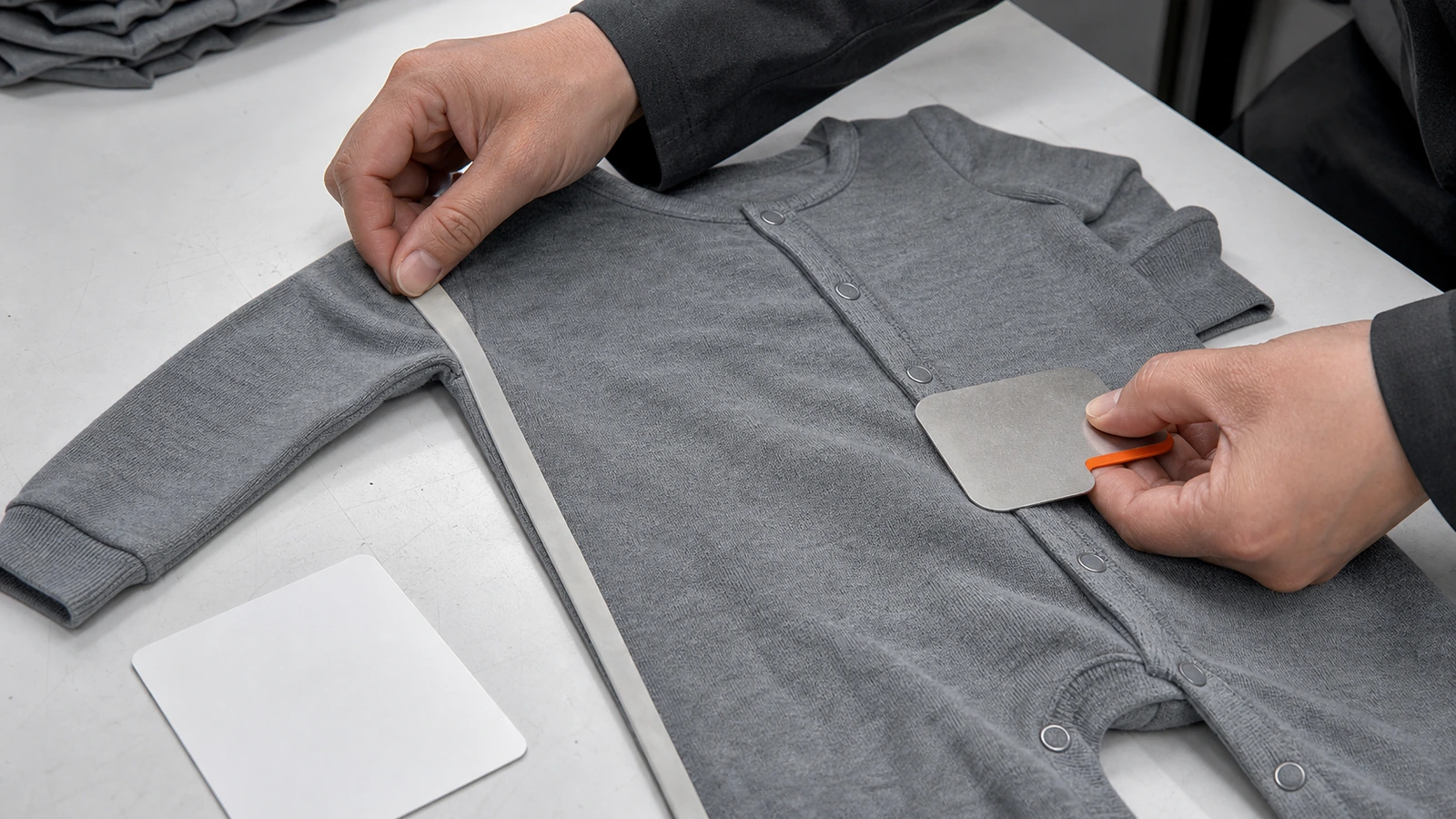 Hands measuring a baby romper during a garment quality check