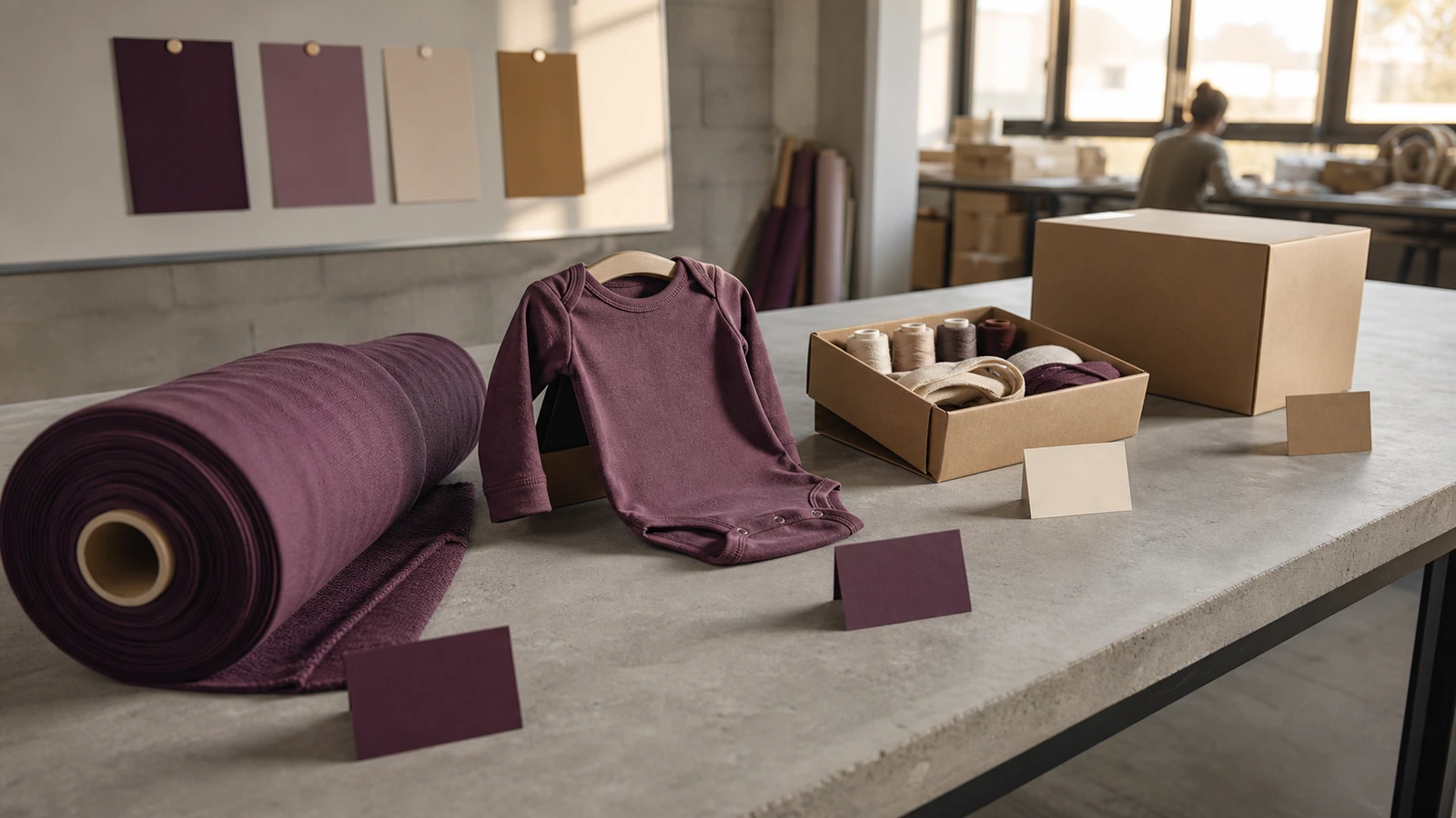 Fabric sample garment and cartons arranged as production milestones