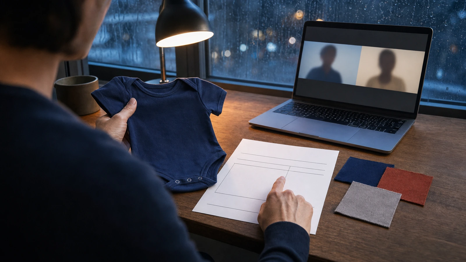 Buyer reviewing a babywear sample fabric and quotation before placing an order