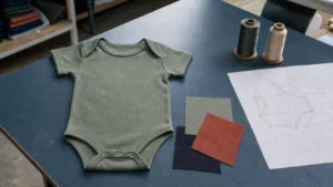 Unbranded baby bodysuit with fabric swatches on a product development table
