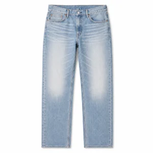 Custom men's blue-washed straight-leg jeans shown from the front on a white background