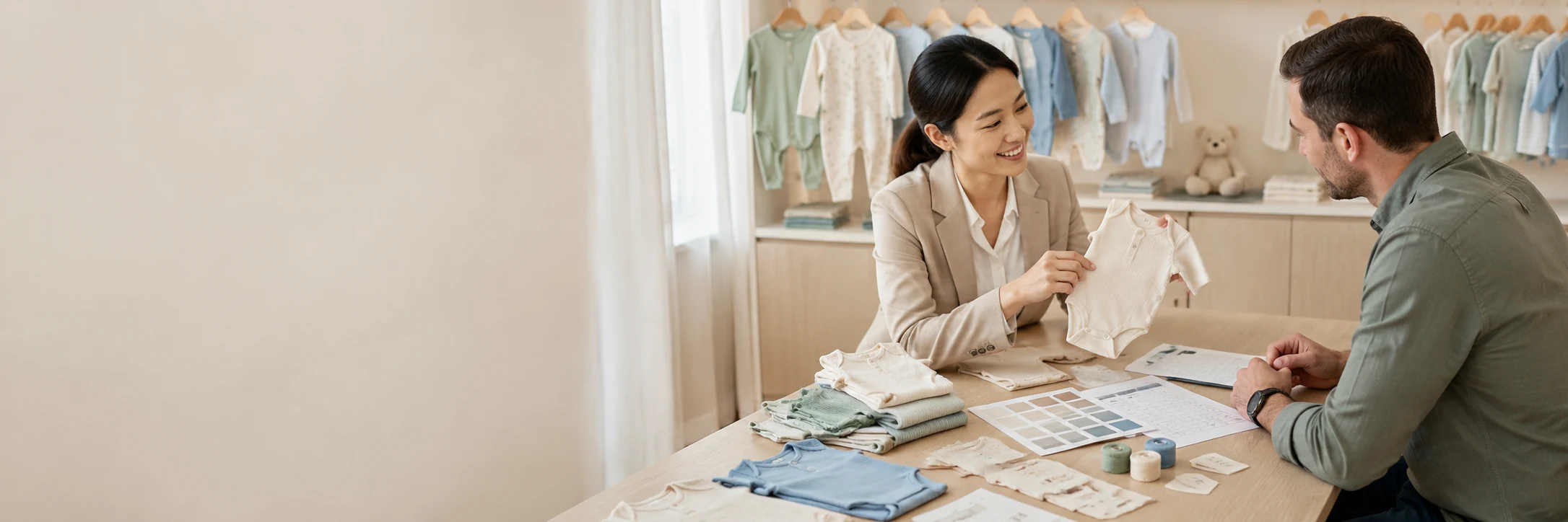JC Apparel team reviewing custom apparel samples with a buyer