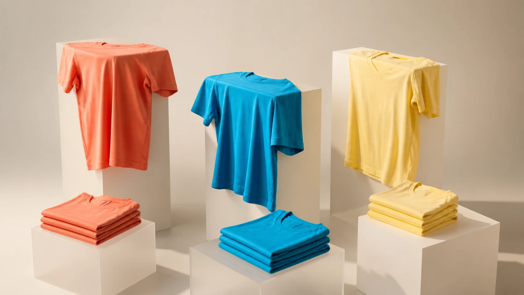 Blank unisex T-shirts grouped by style and color on modular studio plinths
