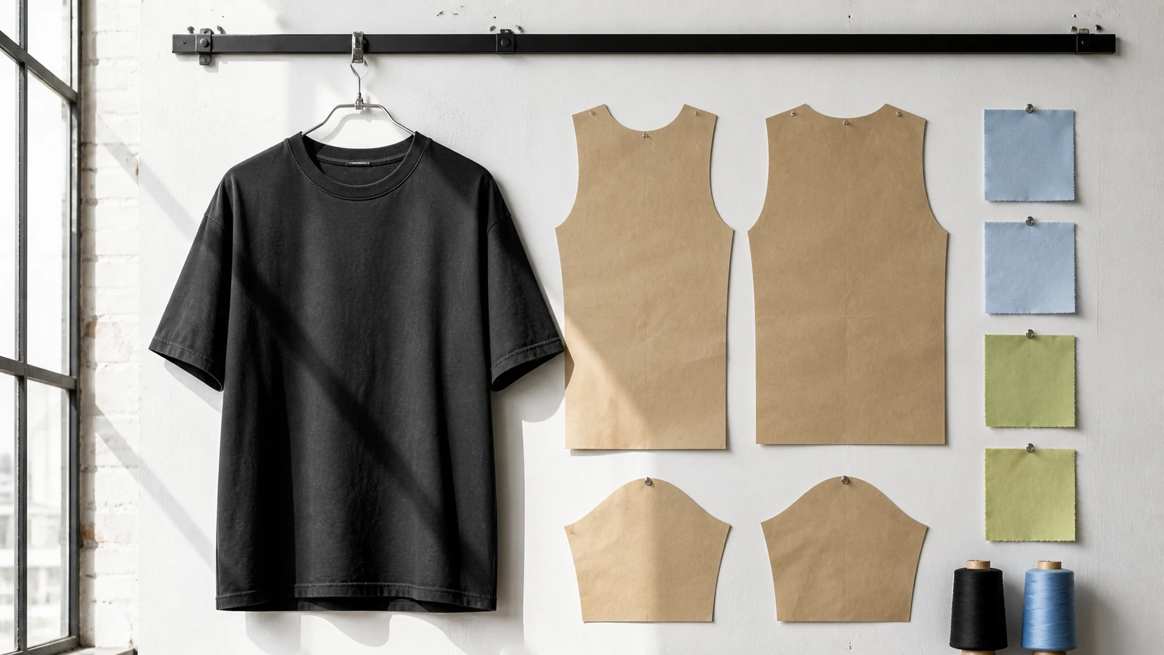 Adult T-shirt sample displayed beside full-size pattern pieces and fabric swatches