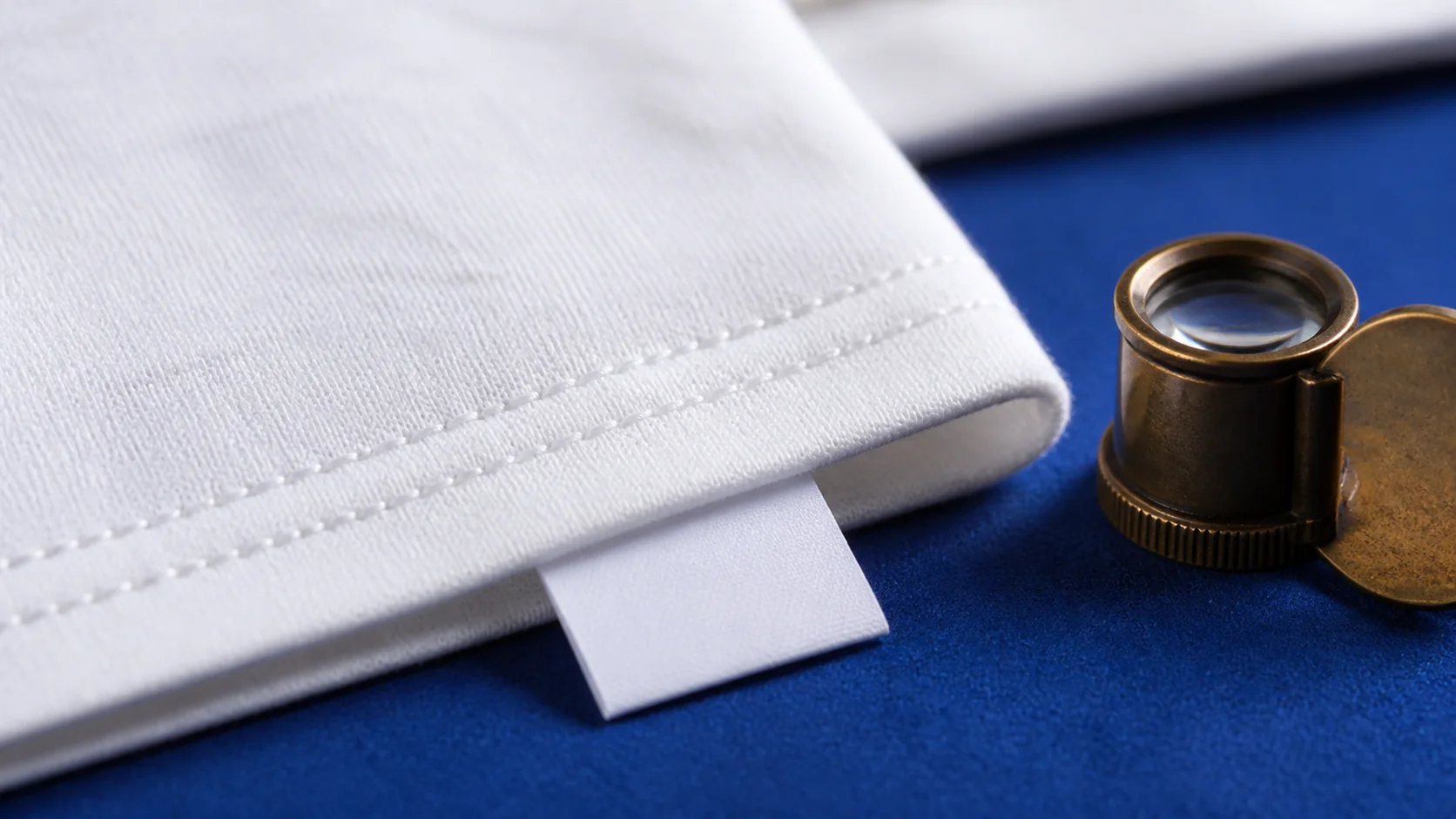 Macro view of a cotton T-shirt hem stitching knit texture and blank label edge