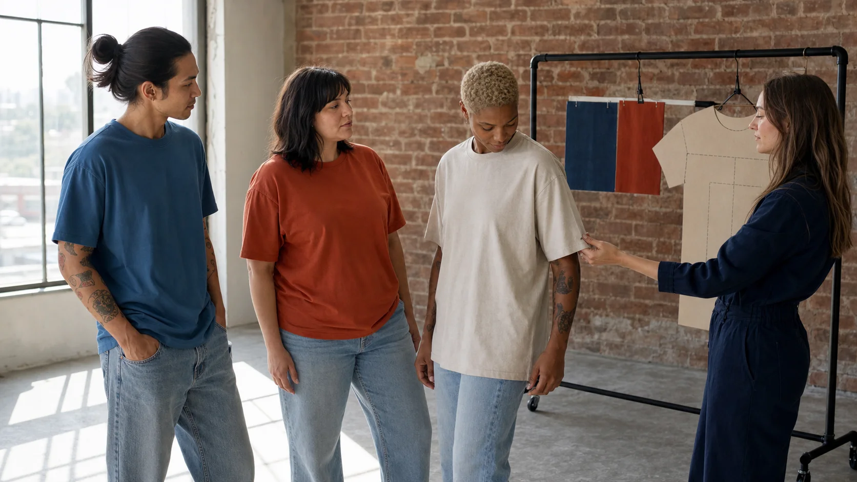 Adult fit models comparing blank unisex T-shirt samples in a daylight studio