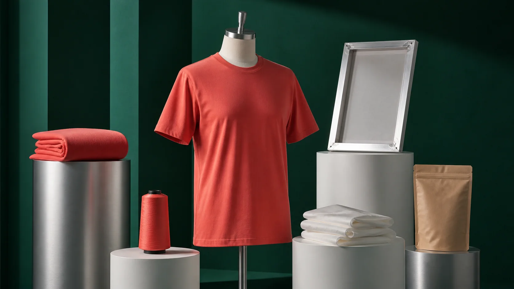 Blank unisex T-shirt displayed with fabric printing thread and packaging components