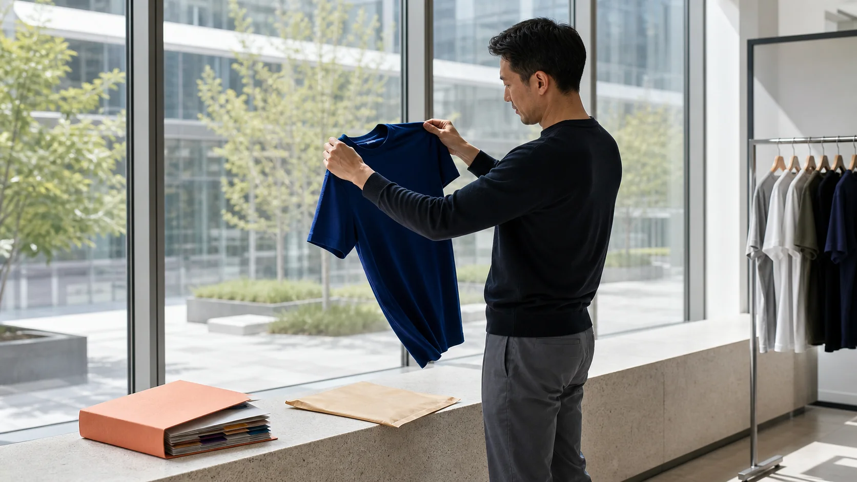 Buyer examining an unbranded unisex T-shirt sample in a bright glass-walled room