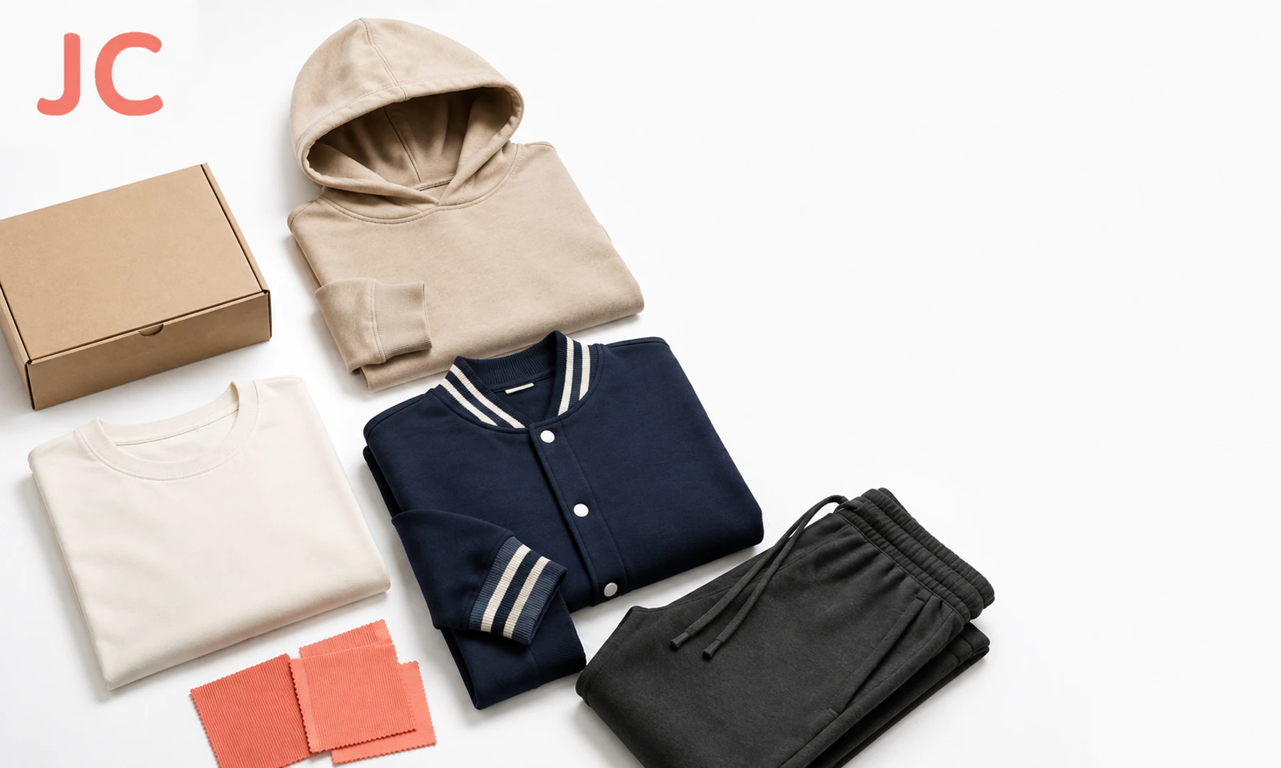Custom apparel collection with T-shirt, hoodie, jacket, sweatpants and recyclable packaging