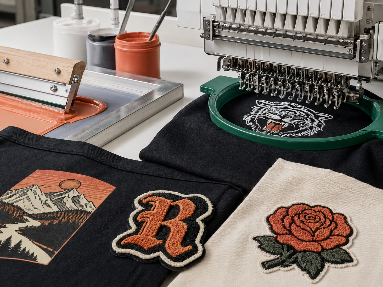 Embroidery machine creating a custom apparel design
